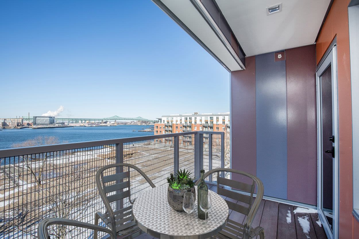 Apartment balcony with beautiful view at Coppersmith Village in East Boston, Massachusetts
