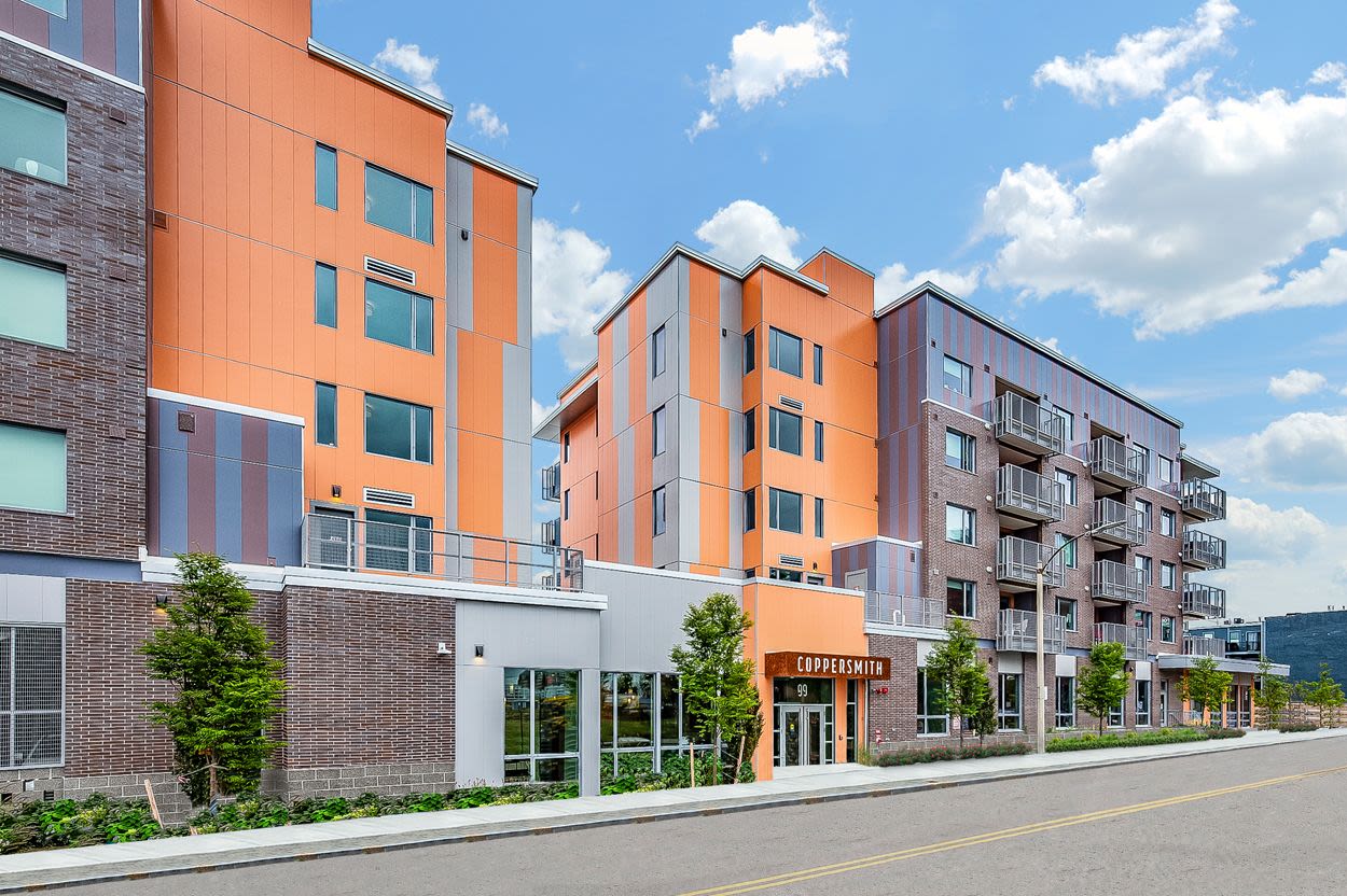 Entrance view of the apartment at Coppersmith Village in East Boston, Massachusetts
