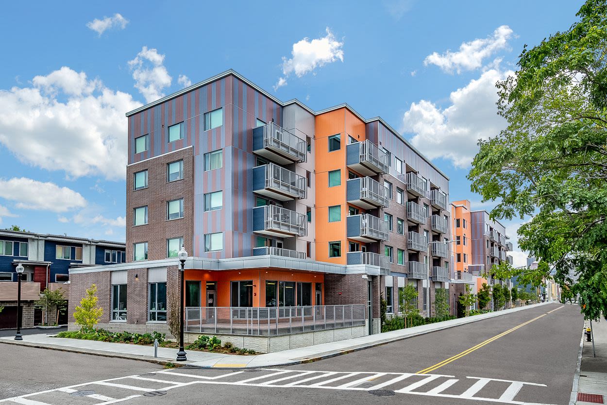 Street view of the apartment at Coppersmith Village in East Boston, Massachusetts