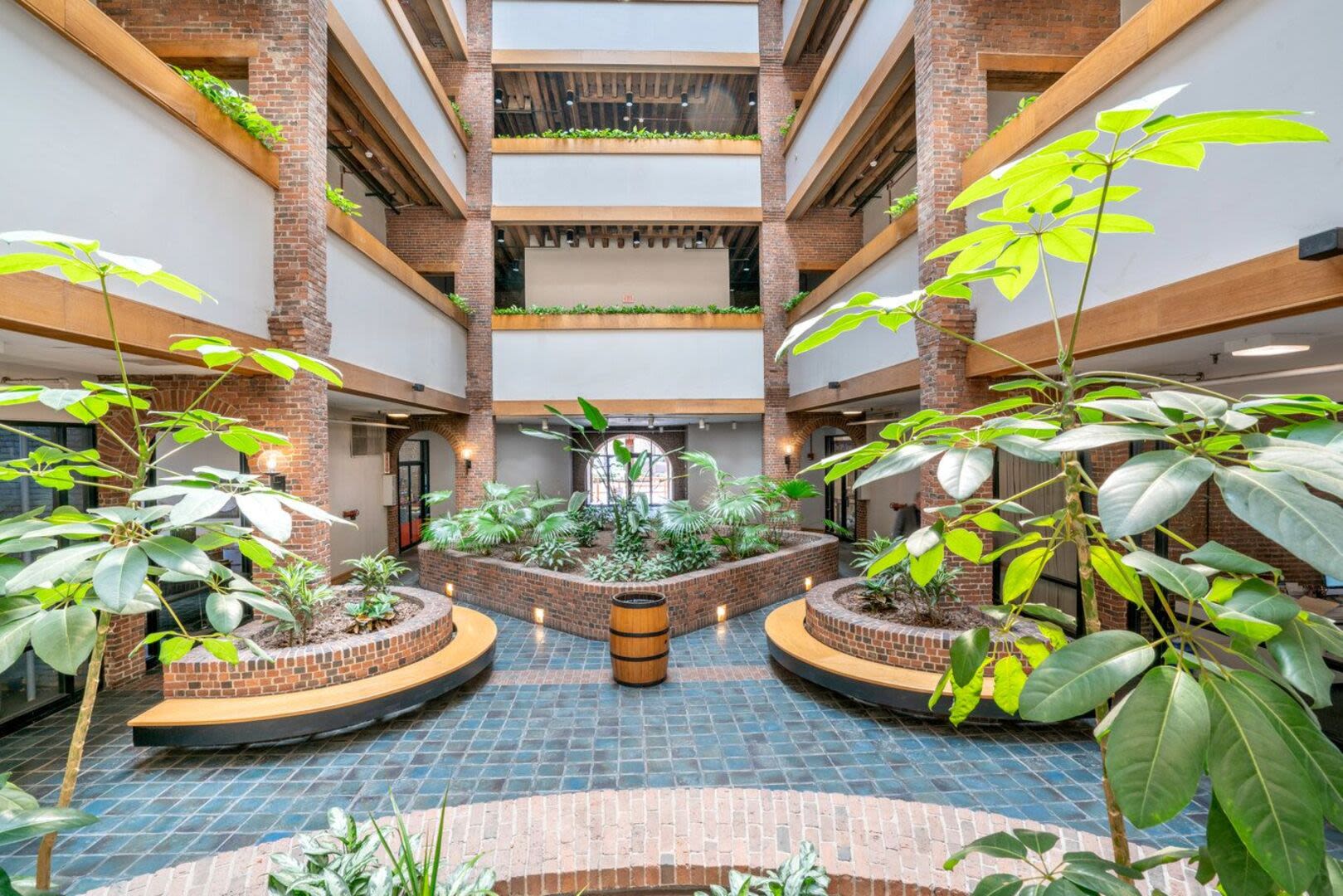Internal courtyard area of community building at Mercantile Wharf in Boston, Massachusetts