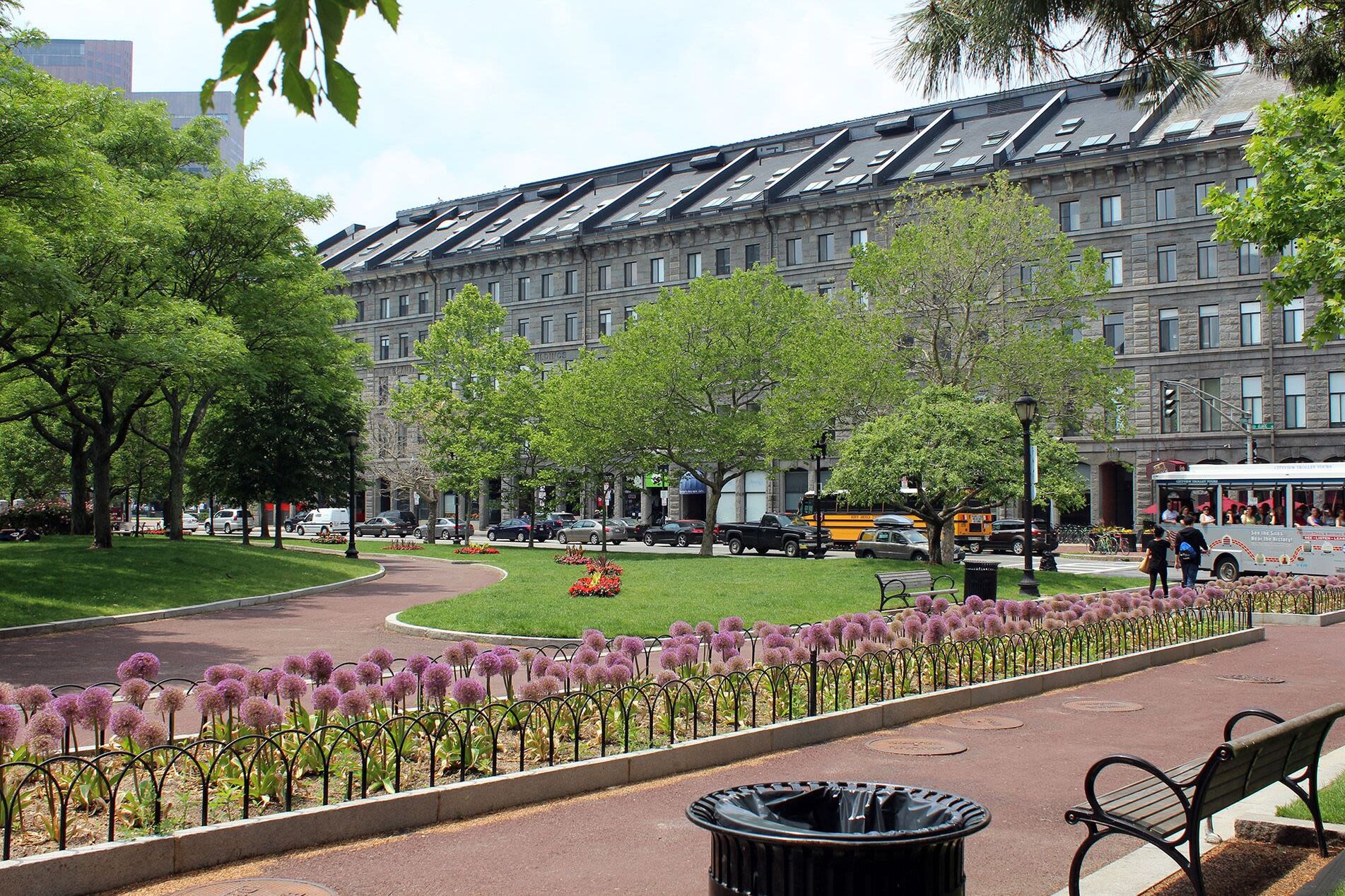 Exterior view of the garden-style property at Mercantile Wharf in Boston, Massachusetts