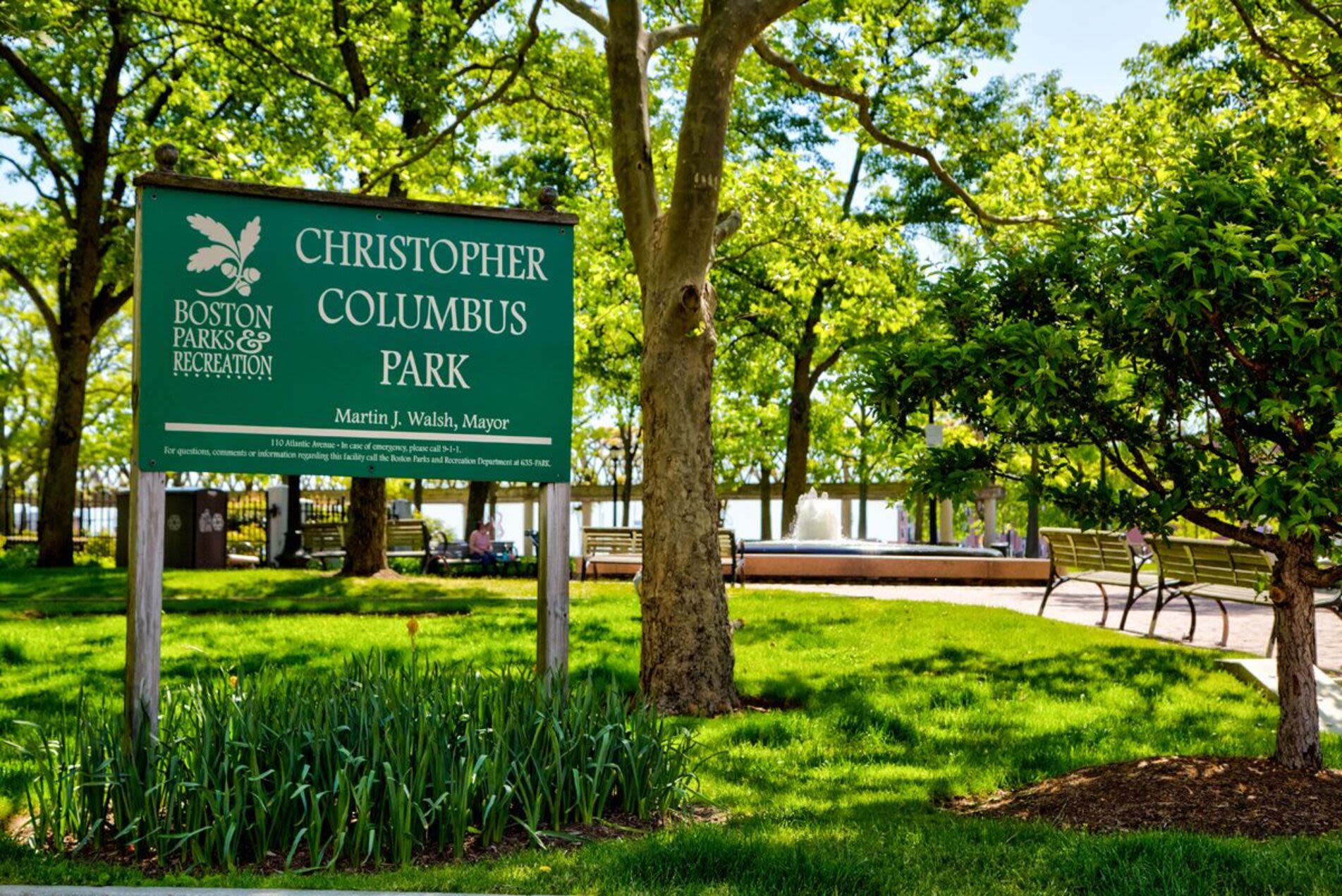 Community park with lake view at Mercantile Wharf in Boston, Massachusetts