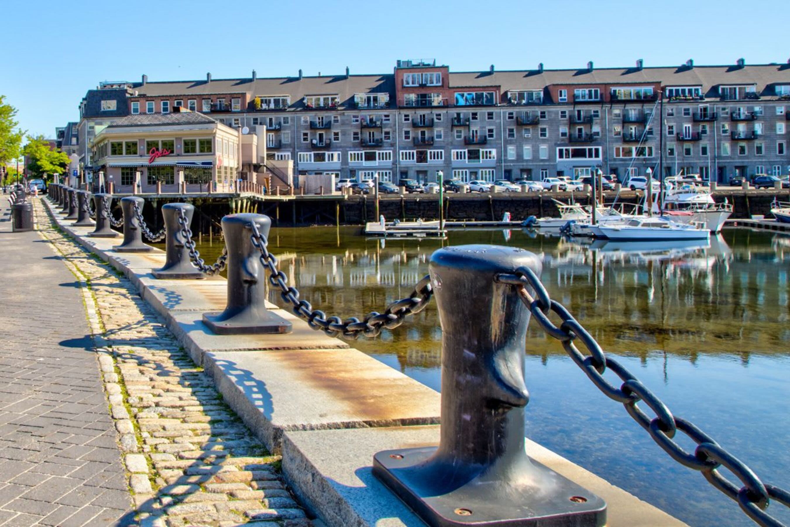 Exterior view of the apartment with lake view at Mercantile Wharf in Boston, Massachusetts