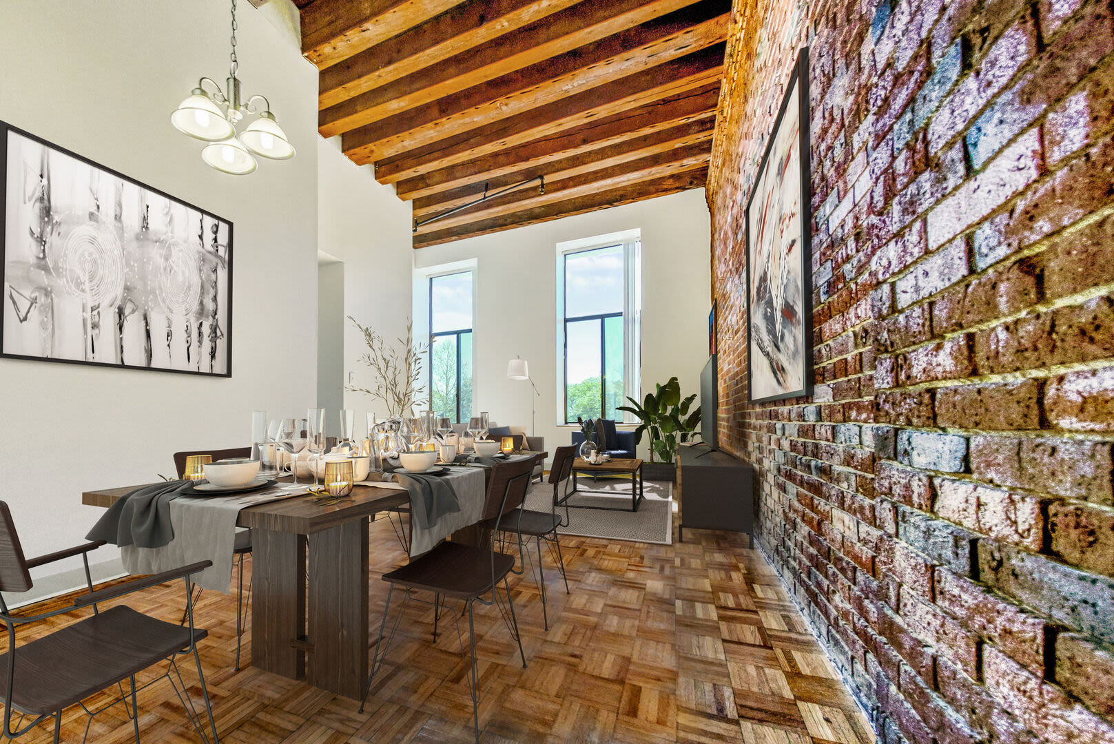 Well-lit living and dining with wooden flooring at Mercantile Wharf in Boston, Massachusetts