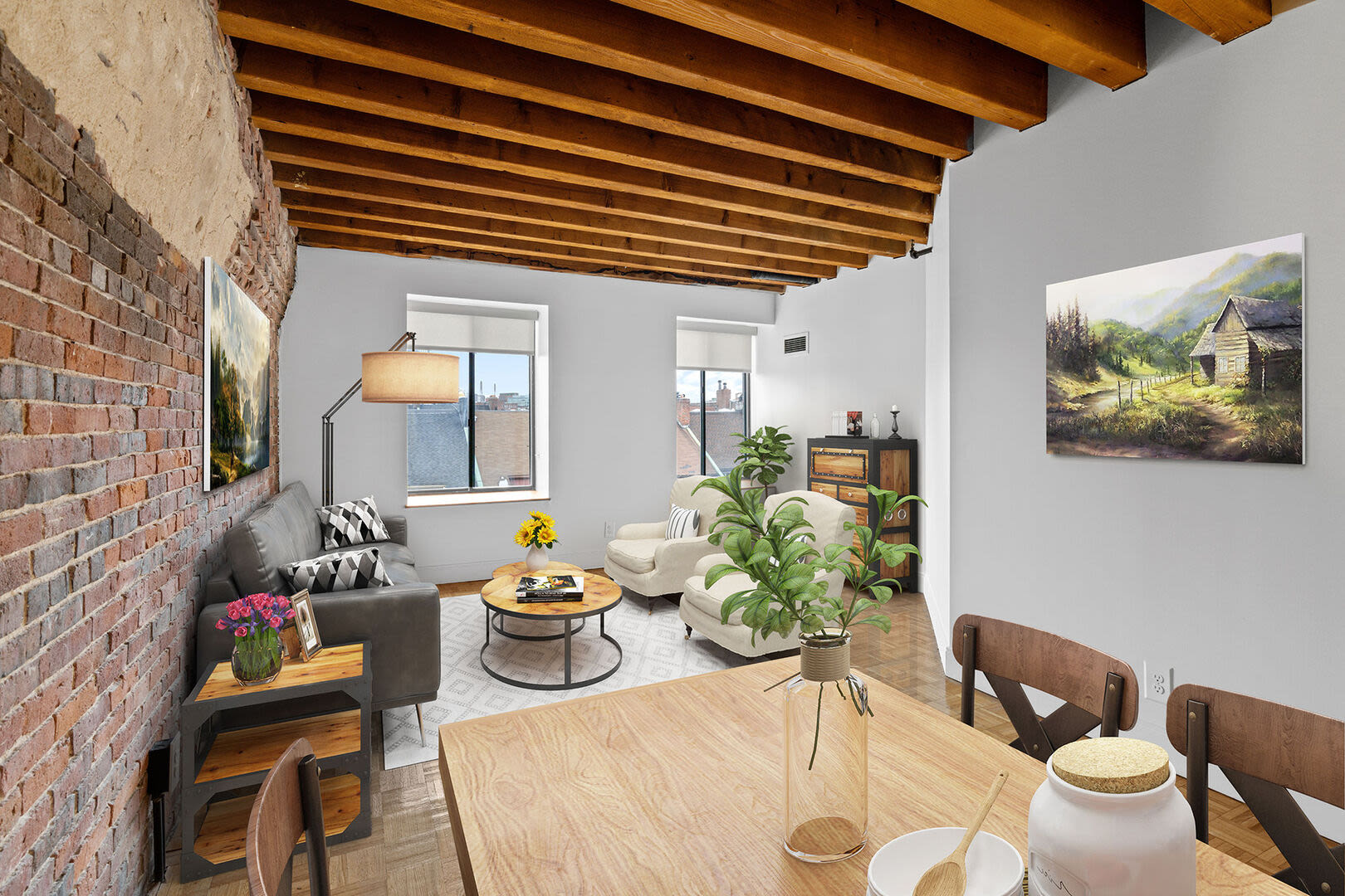 Spacious living room view form dining at Mercantile Wharf in Boston, Massachusetts