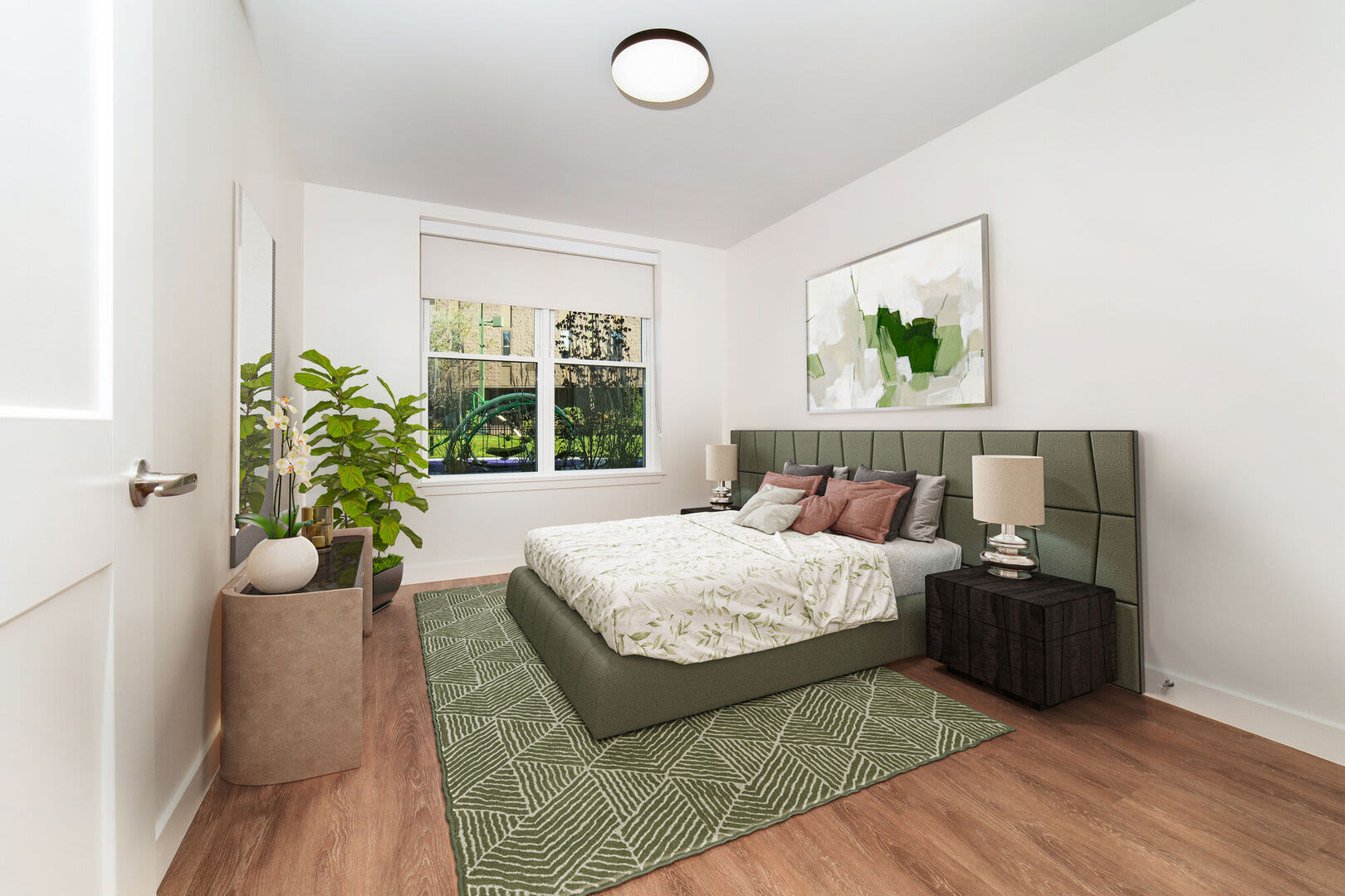 Cozy bedroom with windows at Parkway 1208 in West Roxbury, Massachusetts