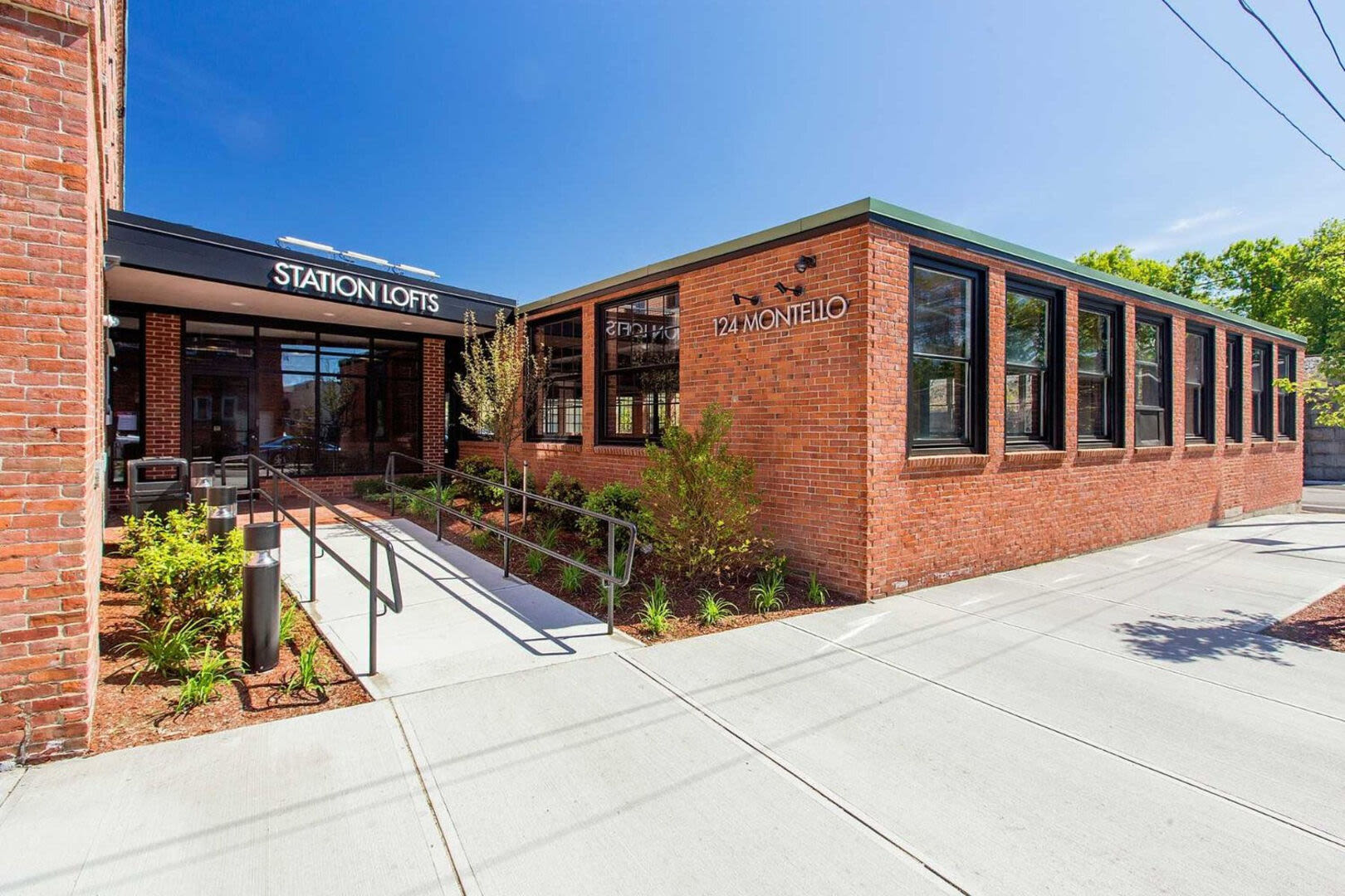 Entrance of a community apartment at Station Lofts in Brockton, Massachusetts
