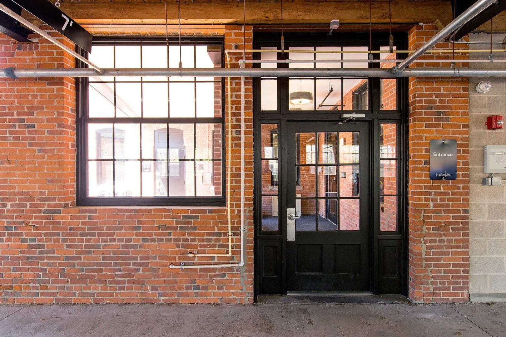 Entrance of apartments at Station Lofts in Brockton, Massachusetts