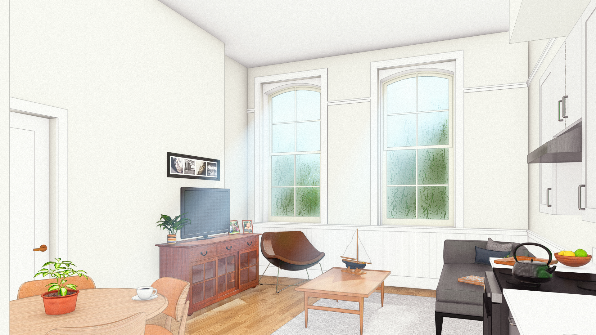 A living room with a couch, table, TV, and a window at The Residences at St James in Salem, Massachusetts