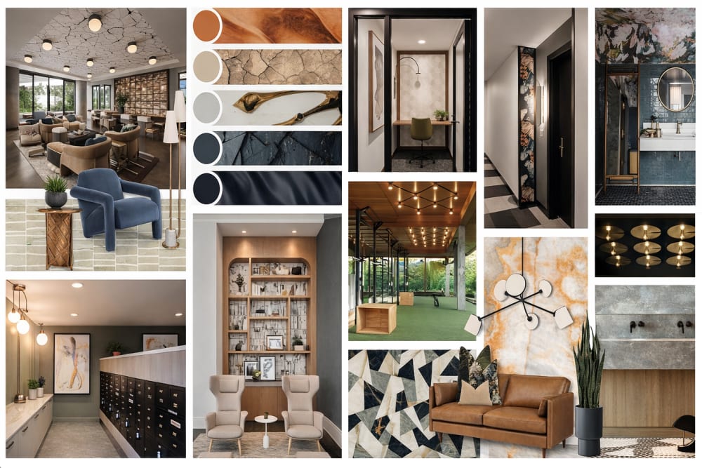 Interior design mood board with furniture, textures, and color palette at Mazza Grandmarc in College Park, Maryland