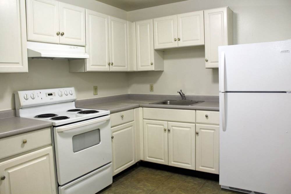Bright kitchen at Humboldt Apartments in Roxbury. MA