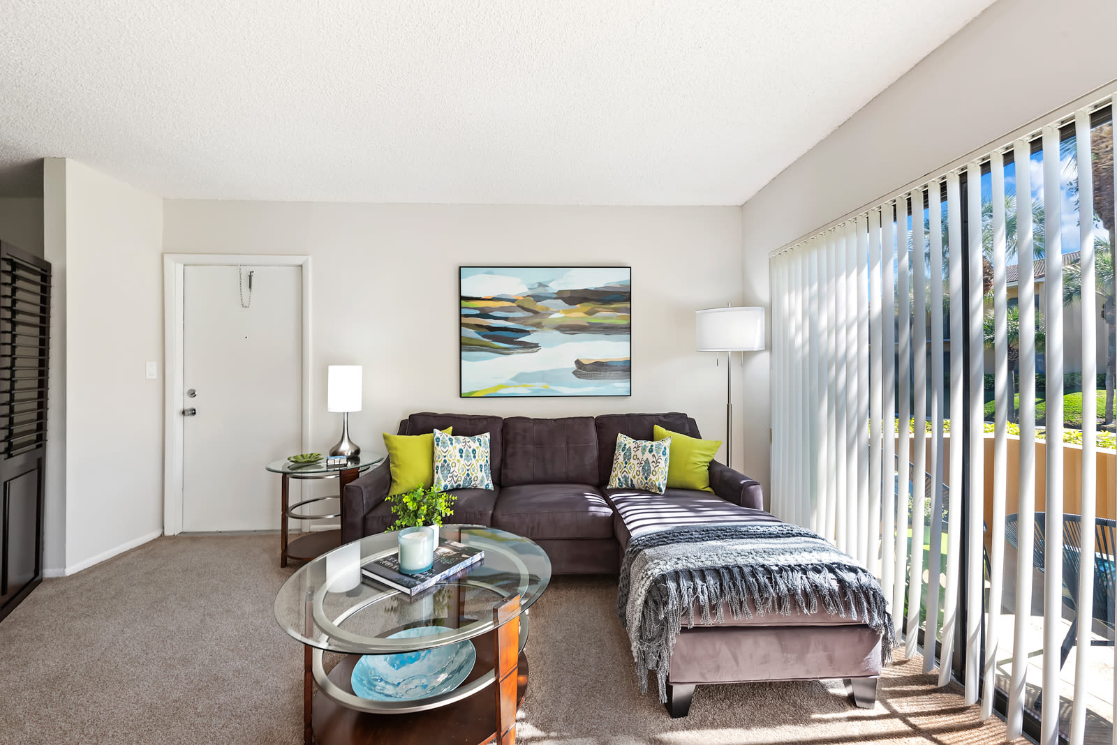 Cozy model living room at Executive Apartments in Miami Lakes, Florida