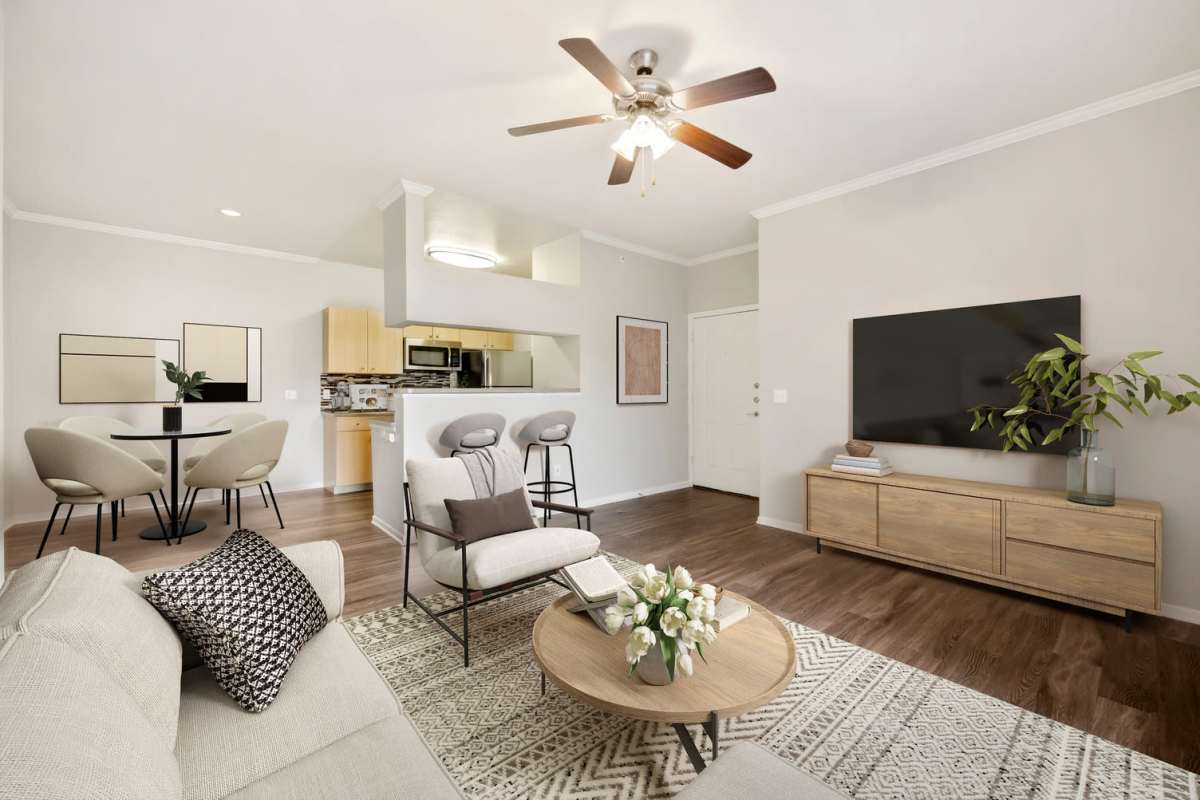 Spacious apartment with wood-style flooring at Ranchstone Apartment Homes, Parker, Colorado
