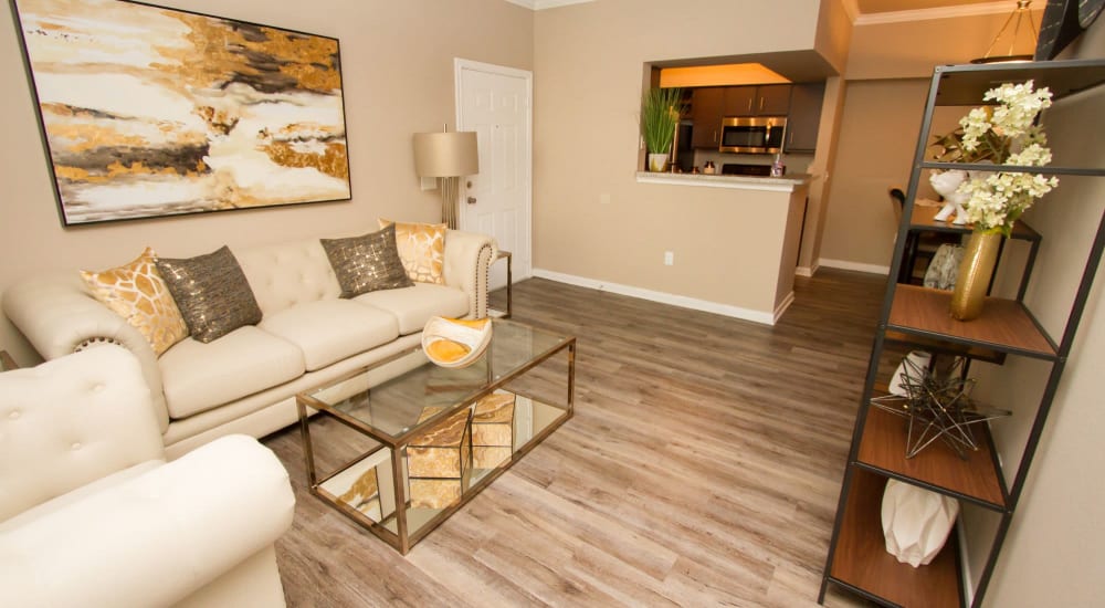 Living room with plenty of modern details and design at Veranda in Texas City, Texas