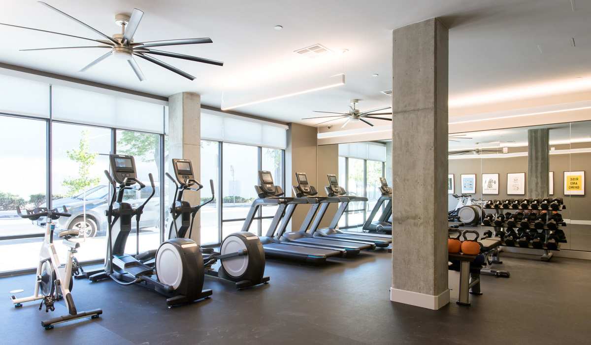 Well-equipped fitness center at The Moran in Oakland, California