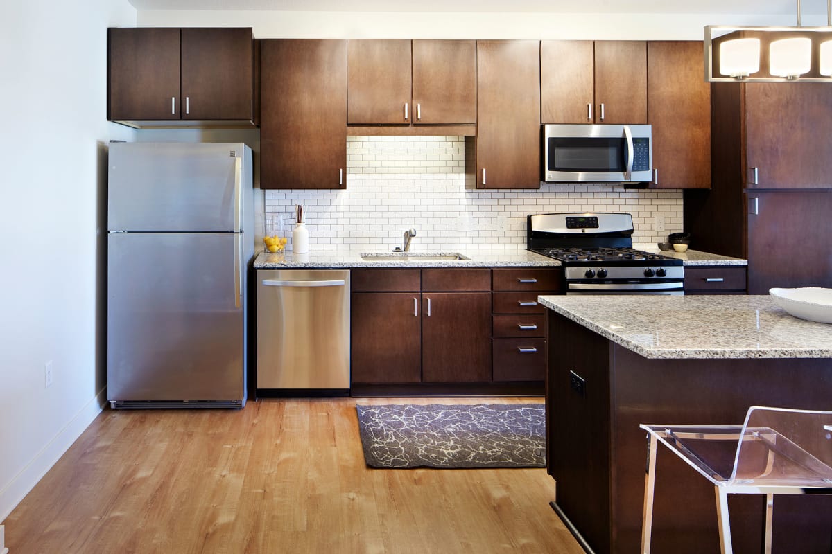 Stainless-steel appliances in an apartment at Junction Flats in Minneapolis, Minnesota