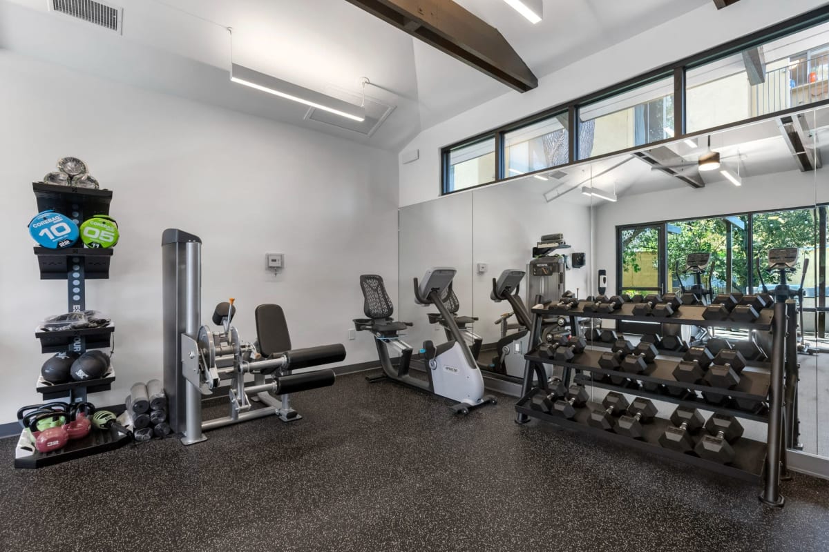 Resident fitness center at Los Robles Apartments, Thousand Oaks, California