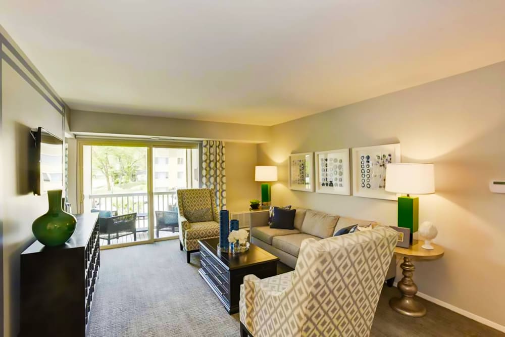 Model living room at Satyr Hill Apartments in Parkville, Maryland