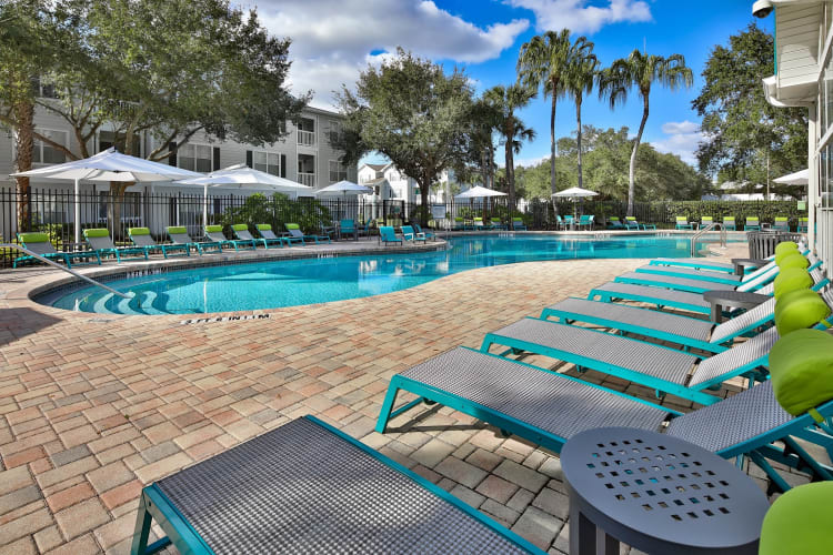Resort-style swimming pool with plenty of chaise lounge chairs nearby for sunbathing at Amira at Westly in Tampa, Florida