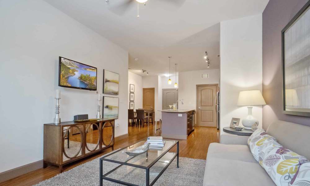 Living room with carpet flooring at Grapevine Station in Grapevine,Texas