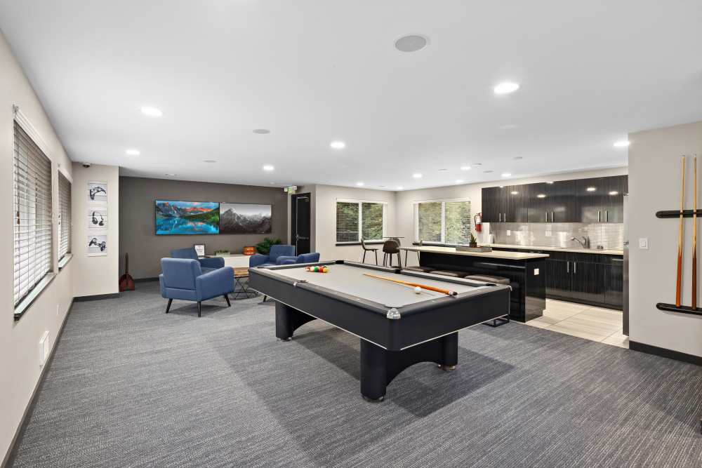 A game room at Karbon Apartments in Newcastle, Washington
