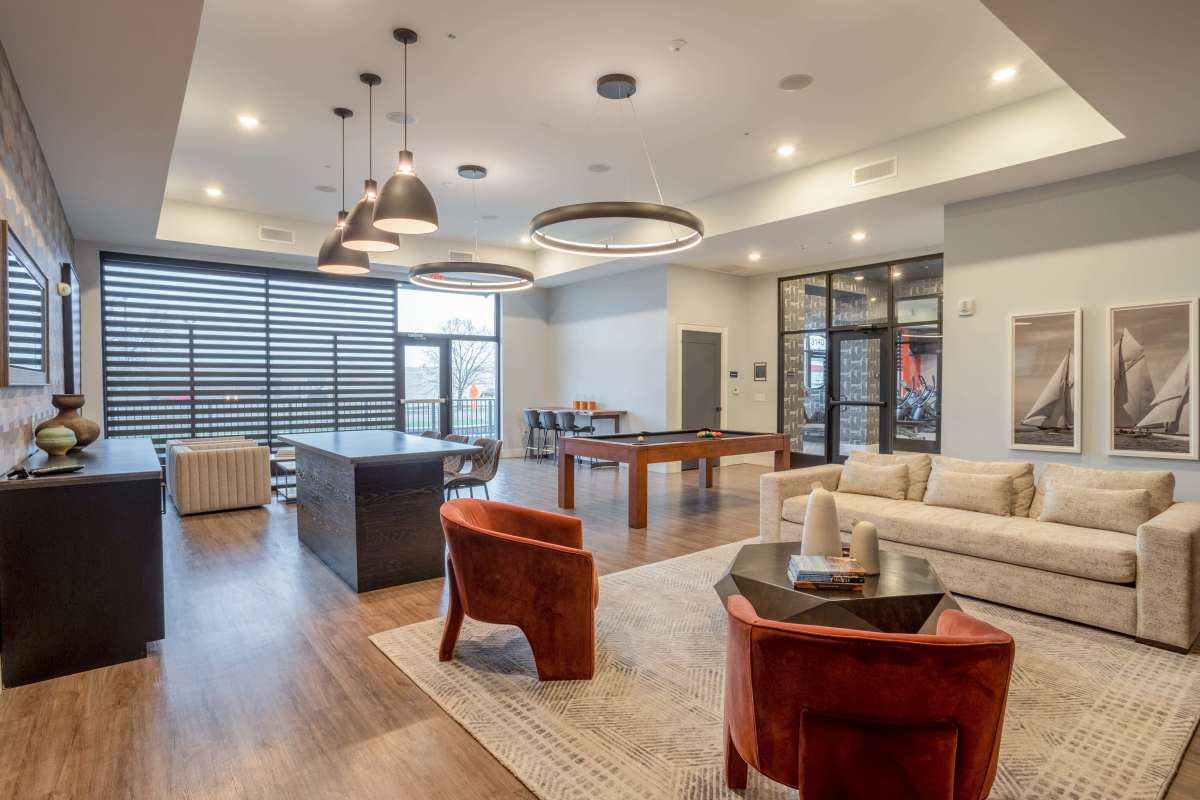 Clubhouse with lounge seating at Gateway Lofts in Lansing, Michigan