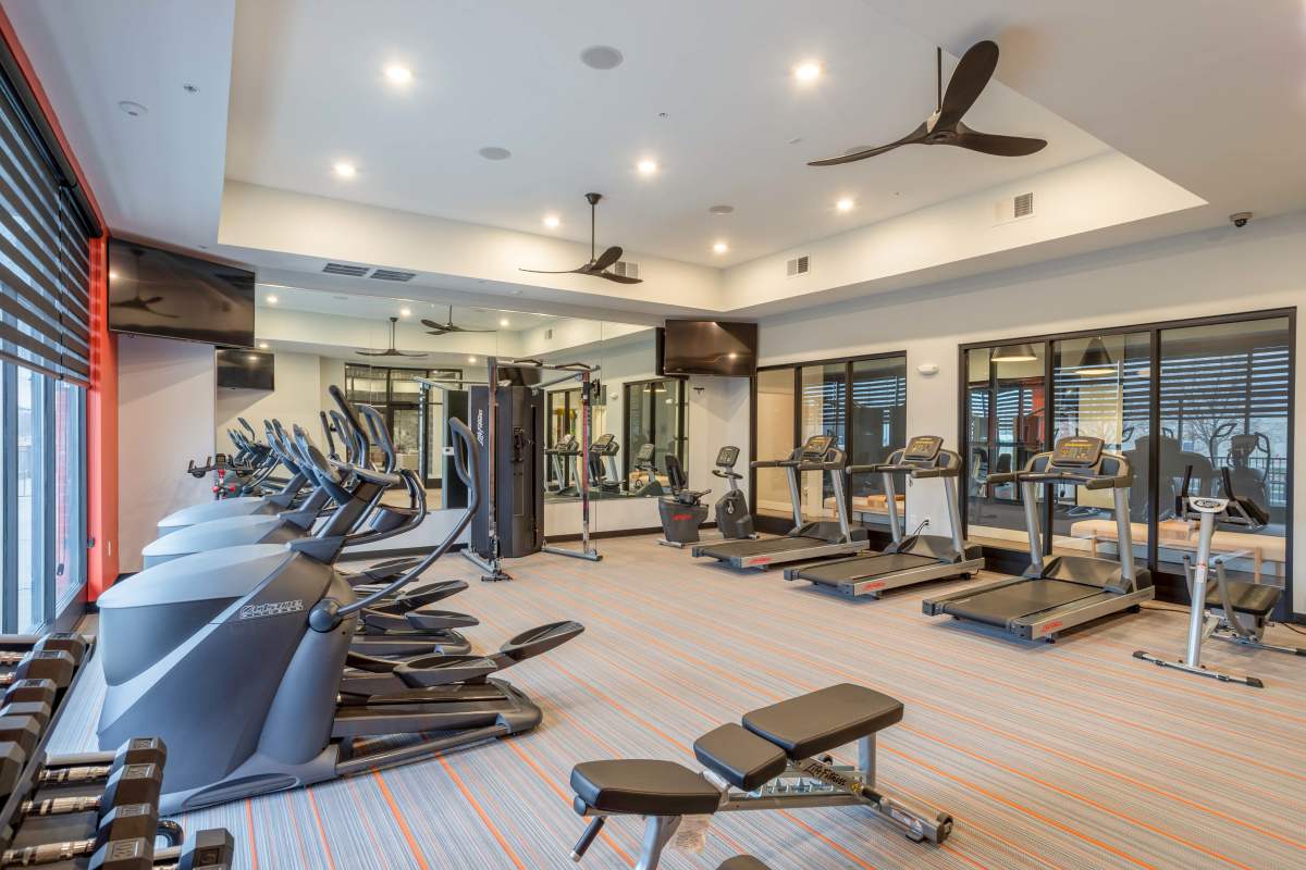 Fitness center with treadmills at Gateway Lofts in Lansing, Michigan