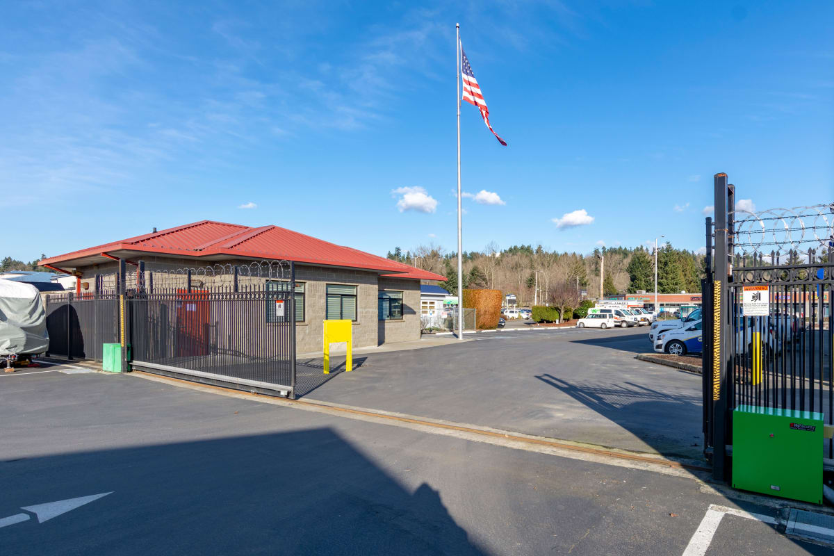 Clean exterior of the facility front office at Glacier West Self Storage in Kent, Washington