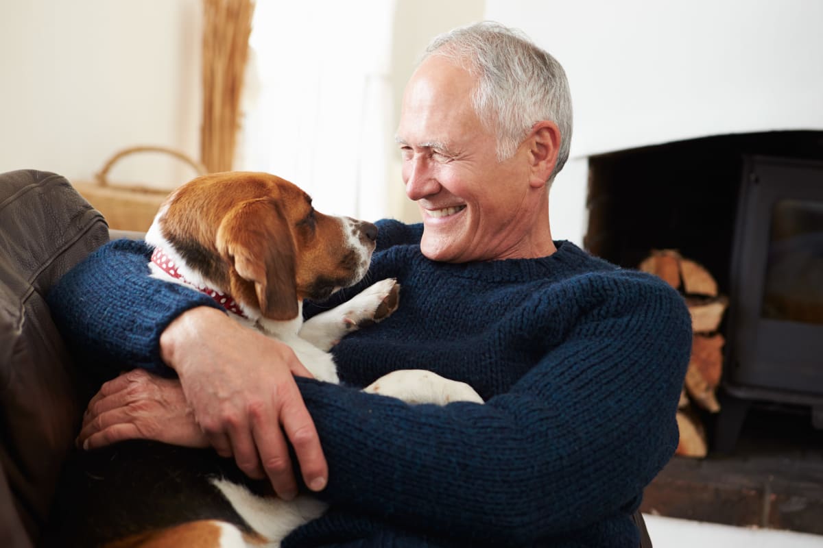 Resident chilling with their beagle at Keystone Place at Newbury Brook in Torrington, Connecticut