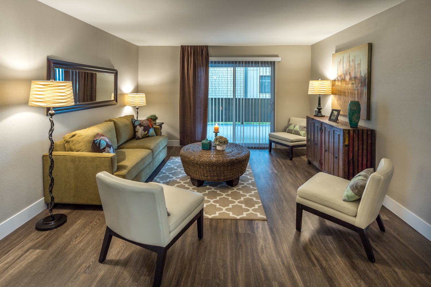 Well appointed living room at Harbor Cove Apartments in Foster City, California