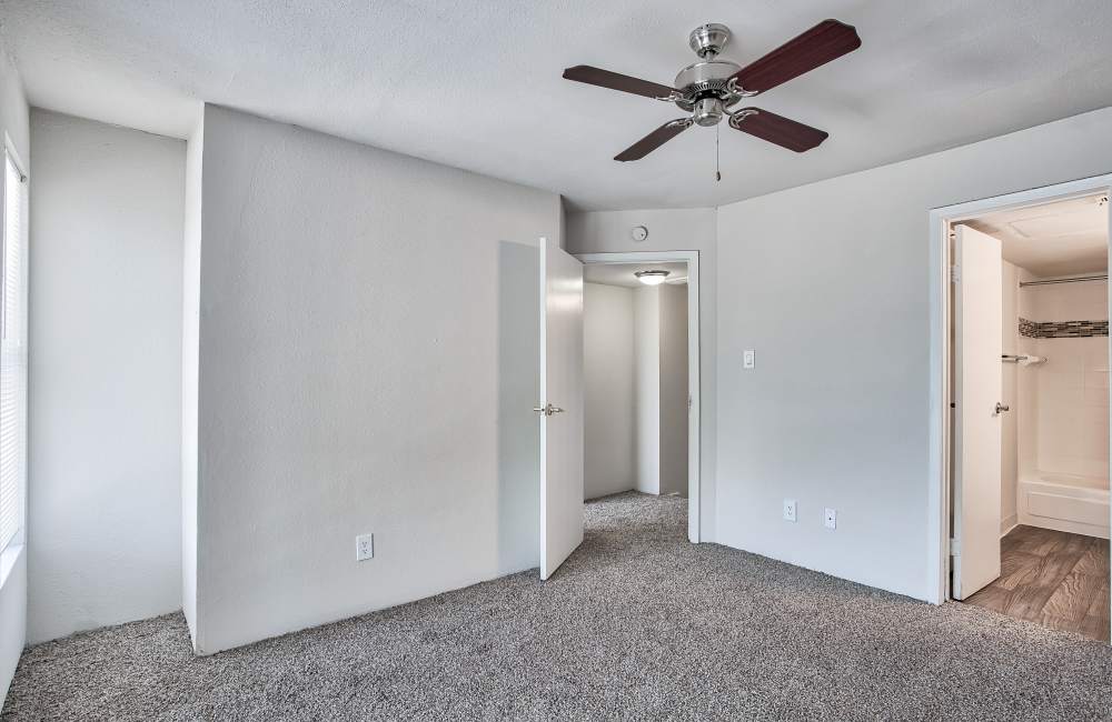 Bedroom with walk-in closets at Branch Creek Apartments in Carrollton, Texas