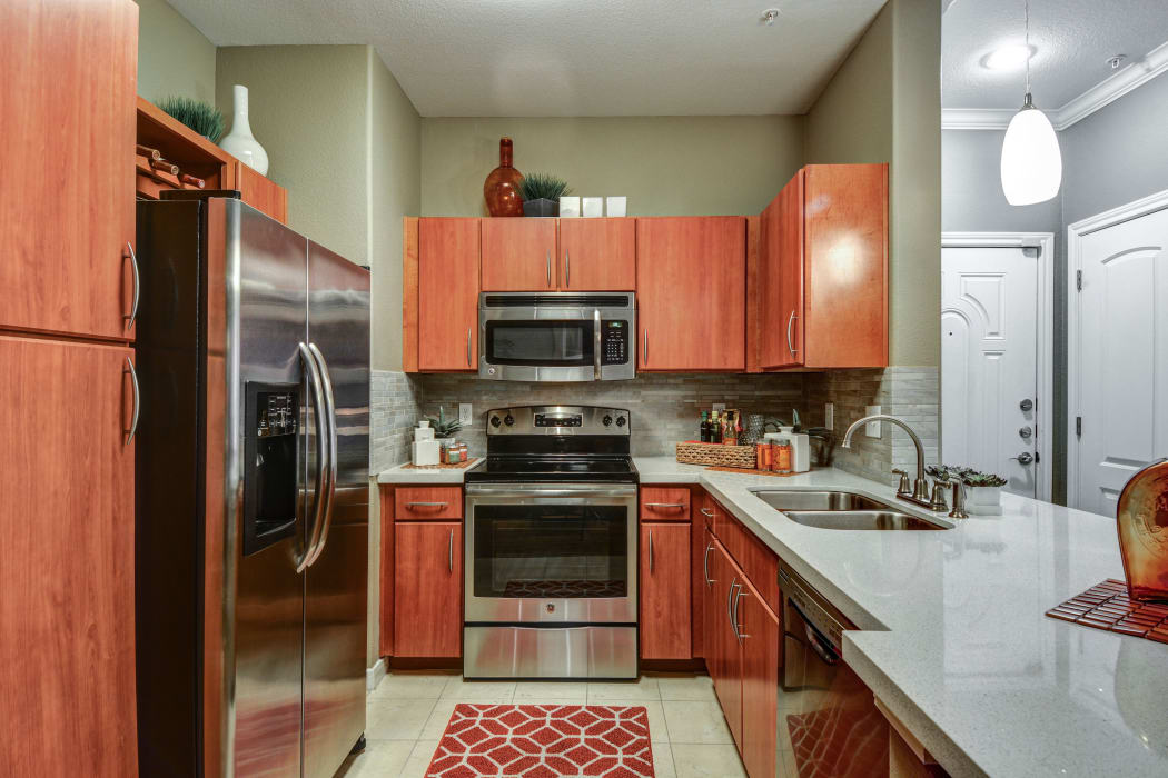 Modern kitchen with stainless-steel appliances in model home at San Paloma Apartments in Houston, Texas