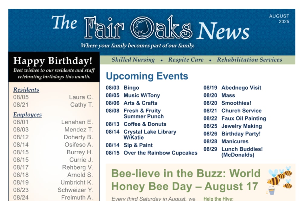 August 2025 Newsletter at Fair Oaks Health Care Center in Crystal Lake, Illinois
