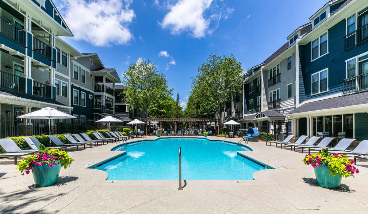 Swimming pool area at The Reserve at Johns Creek Walk in Johns Creek, Georgia