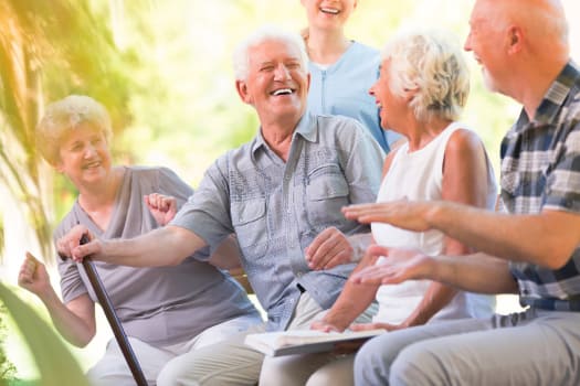 Residents talking and having fun outside at The Alexander in Bend, Oregon