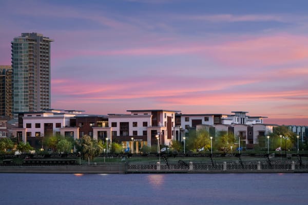 Apartment complex shot at dusk at Lakeside Drive Apartments in Tempe, Arizona