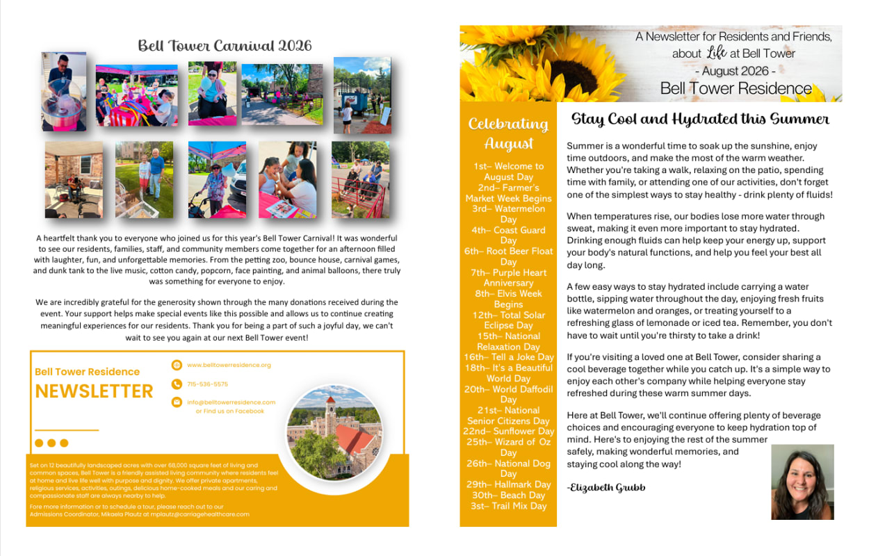Activity Calendar Highlights at Bell Tower Residence Assisted Living in Merrill, Wisconsin
