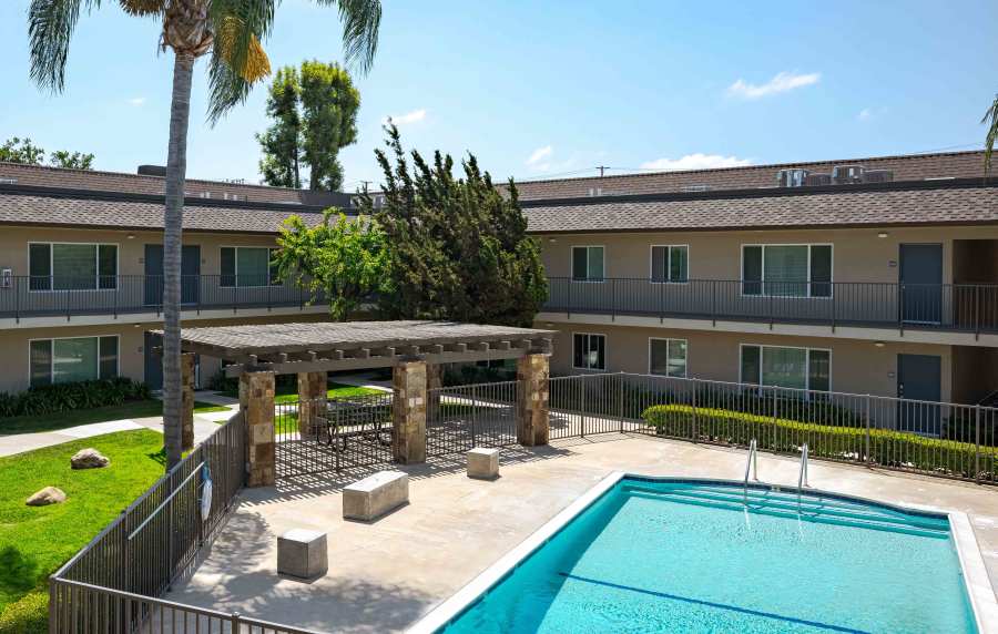 Shimmering swimming pool at Chatham Village in Tustin, California