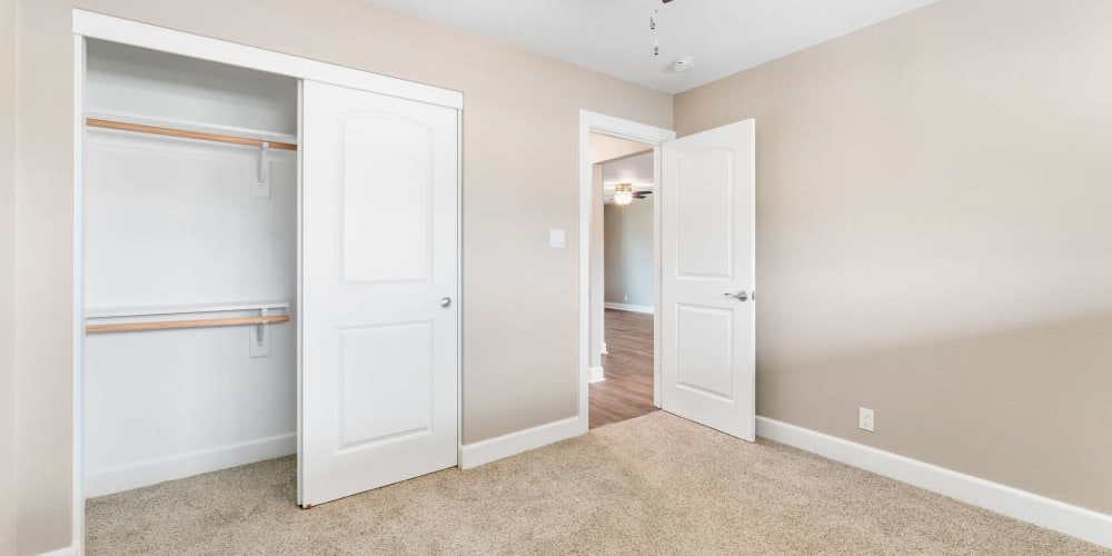 Carpeted bedroom with closet at Fremont Arms Apartments in Fremont, California