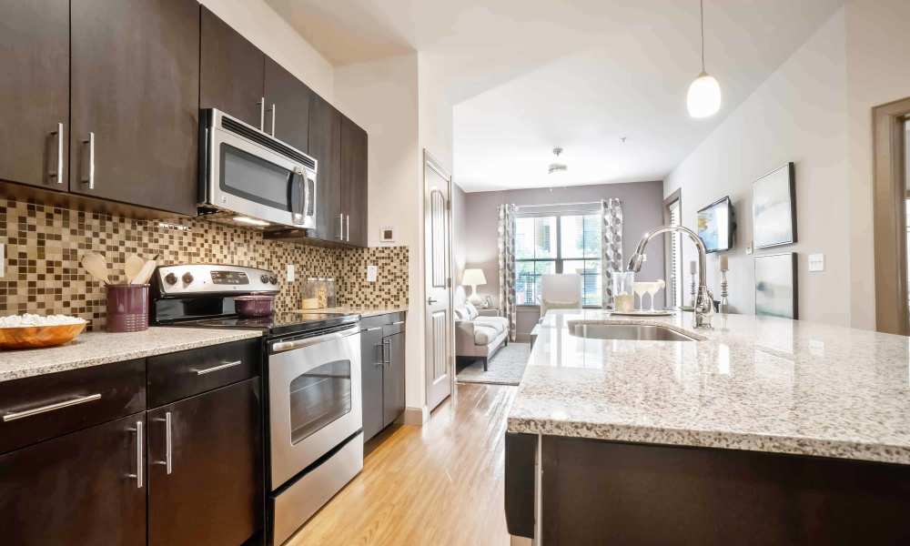 Kitchen with built-in microwave at Grapevine Station in Grapevine,Texas