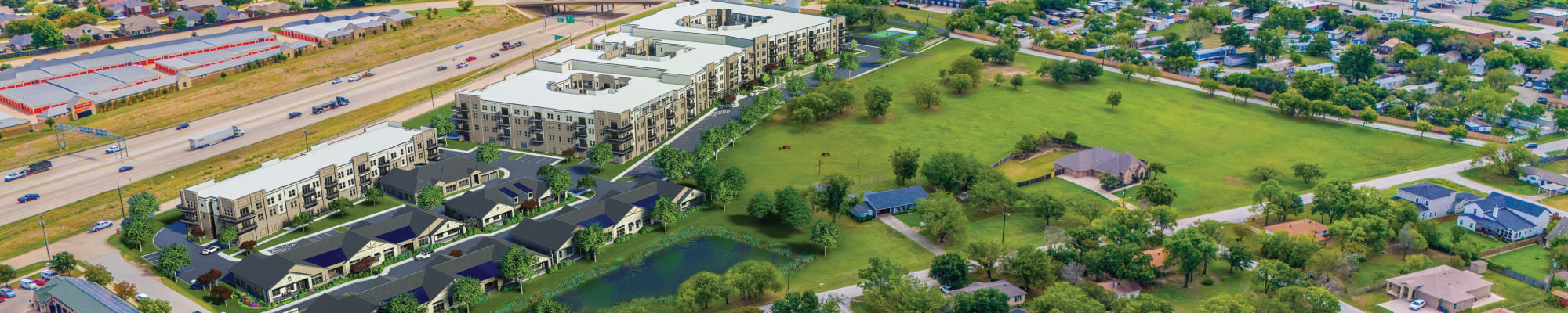 Drone shot of Watermere on Oak Street in Roanoke, Texas