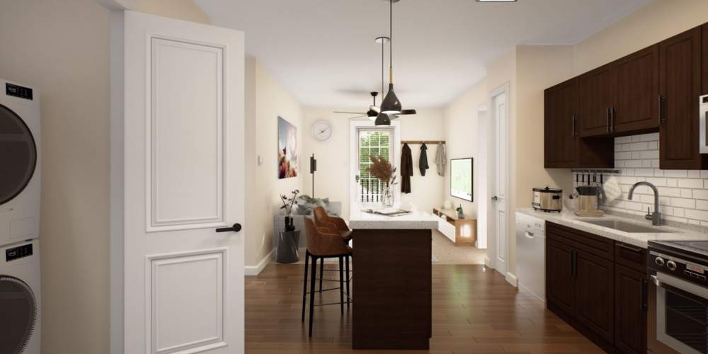 Rendering of kitchen at The Interurban Apartments in Delphi, Indiana