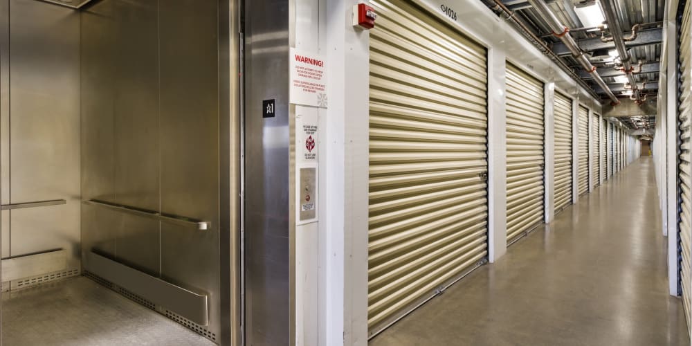 Indoor climate controlled units and elevator at StorQuest Self Storage in Redwood City, California