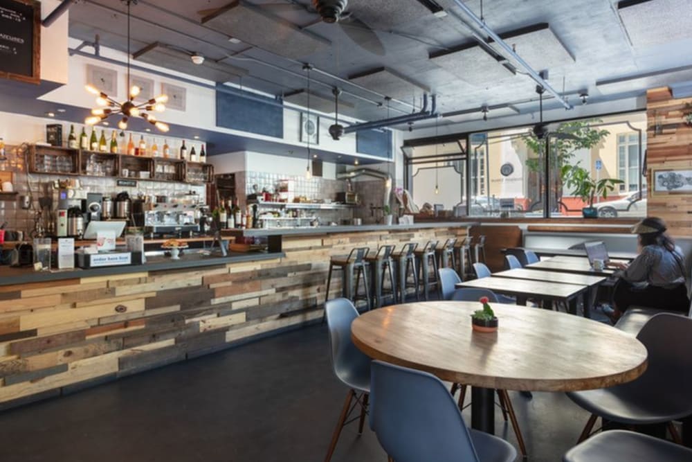 Inside of the cafe on the ground floor at K Street Flats Apartment Homes in Berkeley, California