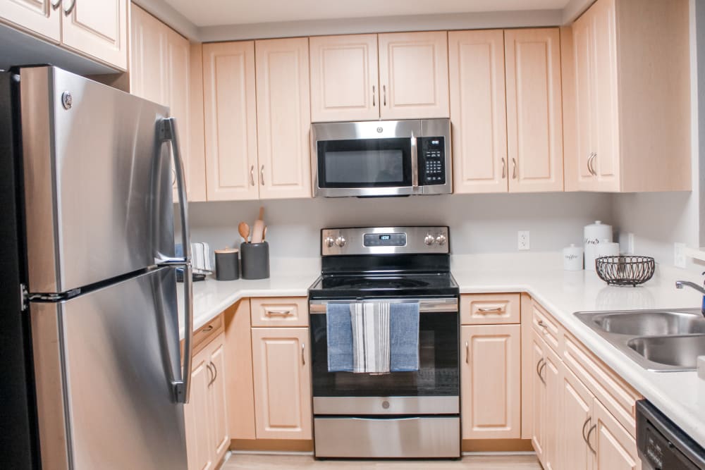 Gourmet-inspired kitchen in a model home at K Street Flats Apartment Homes in Berkeley, California