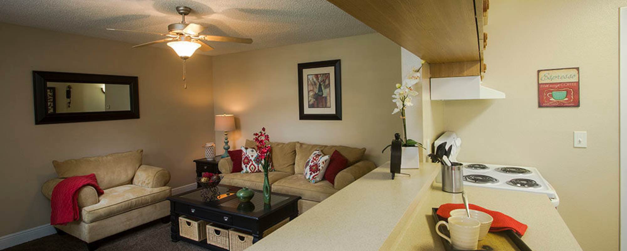 Charming living space with cozy seating and a modern kitchen at Park Place Apartments in Port Richey, Florida.