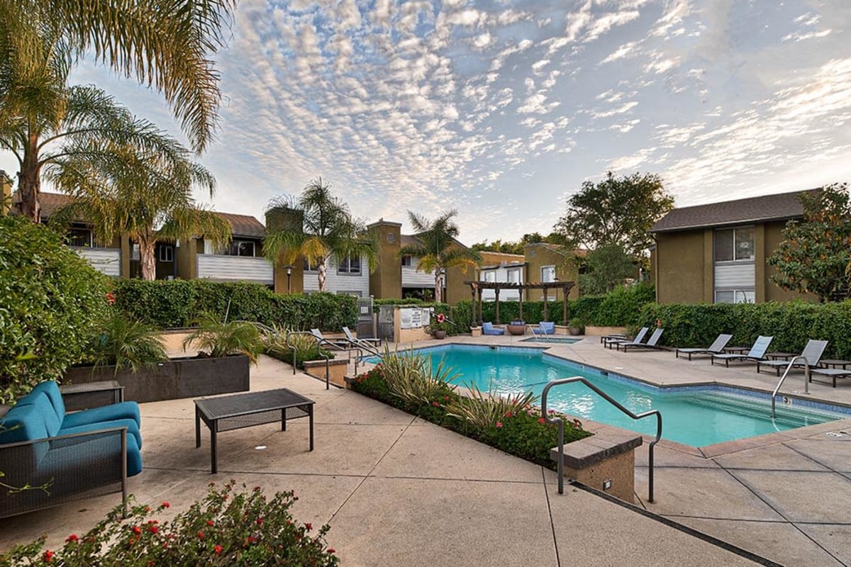 Pool with patio surrounding it at River Ranch, Simi Valley, California