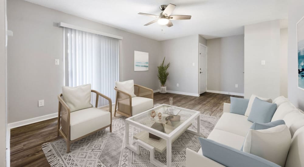 Furnished apartment model living room at The Onyx in Huntsville, Alabama