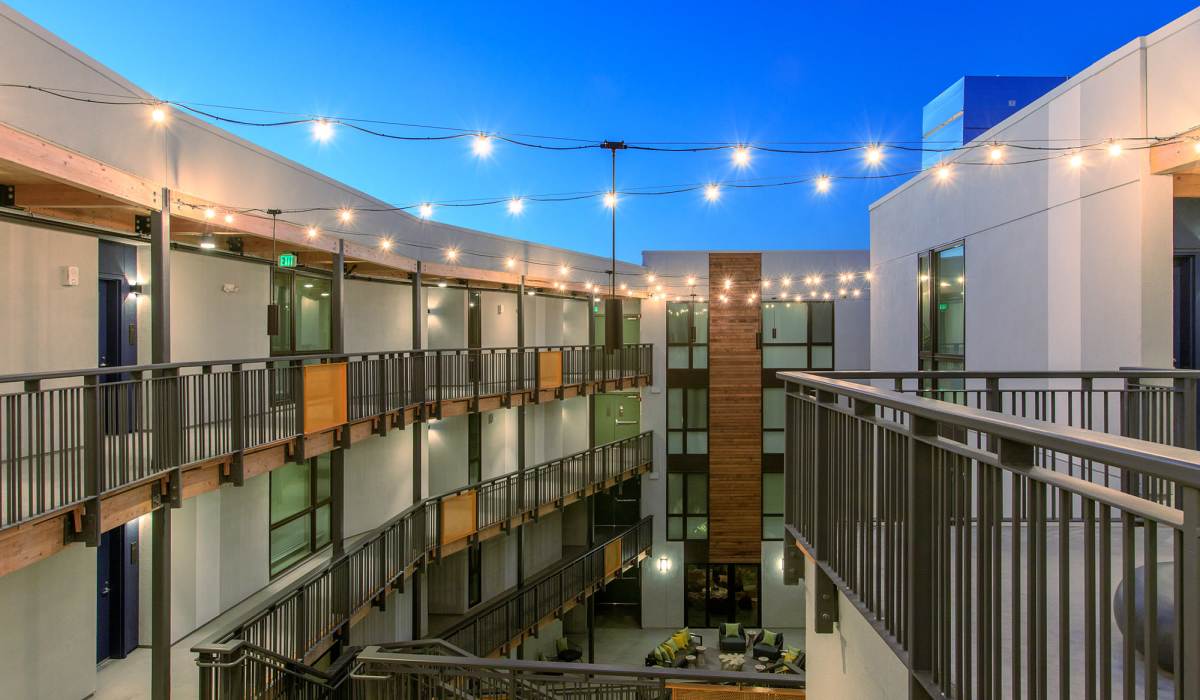 Balcony exteriors of apartment homes at The Moran in Oakland, California