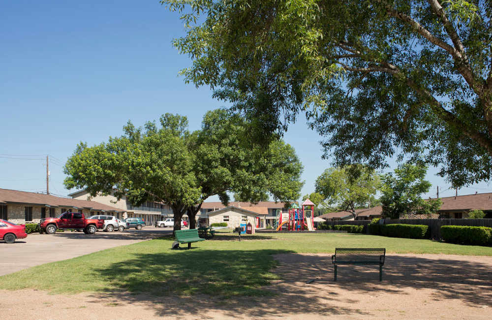 Shady park area with playground and spacious green lawn at Daffodil in Austin, Texas